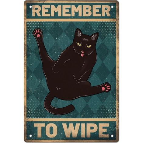 Plaque en étain métallique vintage de chat noir, Plaque d'art drôle, Affiche, Plaques en étain décoratives murales rétro "Remember to Wipe" (Rappelez-vous de vous essuyer) 20x30 cm pour la maison, cui (1/5)