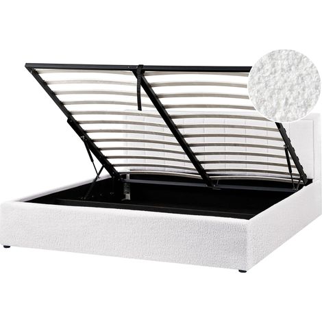 Letto a ottomana imbottito Boucle con contenitore a ribalta 180 x 200 cm Bianco Montlaur