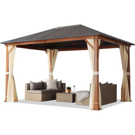 Garden gazebo 3x4 m wood finish, steel roof hardtop 4 side panels in champagne (1/5)