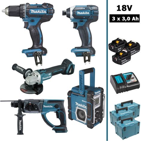 MAKITA Pack 5 machines 18V : DDF482 + DTD152 + DGA504 + DHR202 + DMR108N + 3 batteries 3Ah, chargeur et coffrets MAKPAC