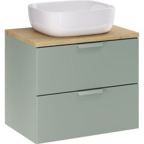Insieme OSTER 60cm: mobiletto sottolavabo con cassetti verde salvia + piano per lavabo effetto rovere chiaro + lavabo da appoggio quadrato
