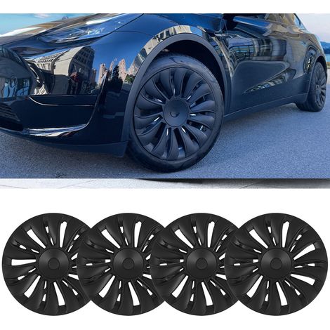 (T04) (Vidéo disponible) 4 enjoliveurs de roue style Cyclone à 14 rayons pour Tesla Model Y 19 pouces (2020-2023) (Cyclone 1ère génération à 14 rayons) Noir mat (Surdimensionnés) (Plus lourds) (1/5)