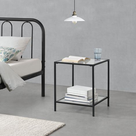 Tavolino da Divano (AxLaxP): 55 x 45 x 45 cm Tavolino Basso da Salotto/Soggiorno/Camera da Letto - Ripiani di Vetro Temperato e Telaio Nero in Acciaio (1/5)