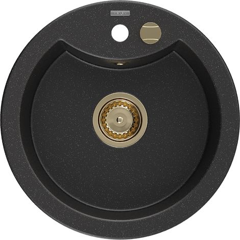 Mexen Diego 1-Becken-Granit-Spüle 488 x 480 mm, Schwarz/Silbermetallic, Siphon Gold - 6512481000-73- (1/5)