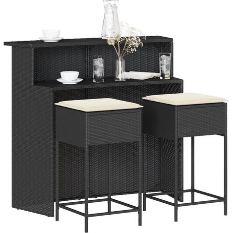 3-tlg. Gartenbar-Set mit Kissen Schwarz Poly Rattan