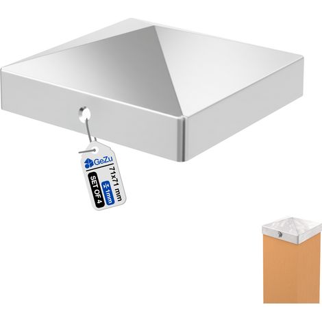 Lot de 4 Capuchon de poteau acier Inoxydable 71 x 71 mm – chapeau de protection bois embout robuste pour poteaux de clôture et pergola – Chapeau de poteau pyramidal – GeZu Impex (1/5)