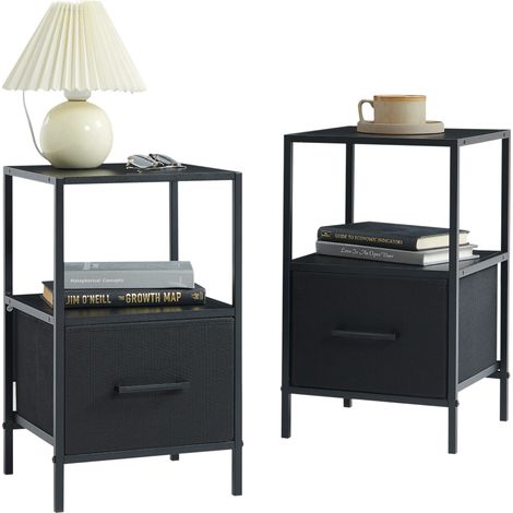 CASABEL Lot de 2 tables de chevet noires en bois, métal et tissu