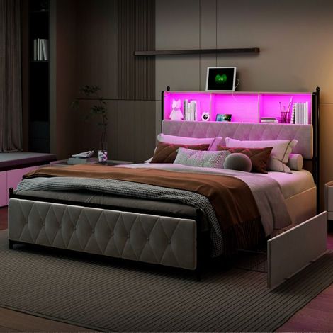 Estructura de cama 160x200 cm terciopelo beige - LED conectada, 4 cajones, 2 puertos de carga (USB+Type‑C)