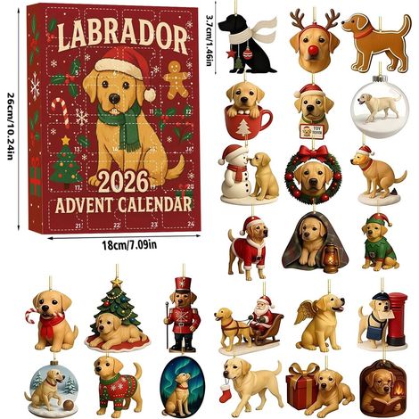 Calendrier de l'Avent Labrador 2026 - 24 décorations de sapin de Noël 2D en acrylique avec motif chien - Compte à rebours de 24 jours - Décoration de Noël unique et cadeau pour les amoureux des chiens (1/5)