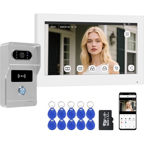 2 Fils Visiophone Filaire, Interphone Vidéo Sonnette Connectée avec Écran Tactile 7 Pouces, Caméra Sonnette 1080P, Audio Bidirectionnel, Vision Nocturne, 10 Cartes (1/5)