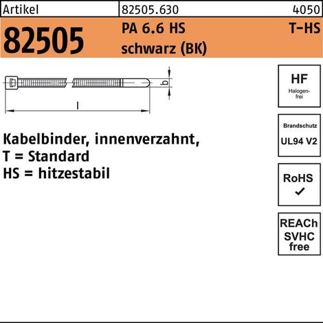 HELLERMANNTYTON Kabelbinder R 82505 innenverzahnt 7,6 x 365 /100Polyamid 6.6 HS schwarz hitzestabil 100 Stück