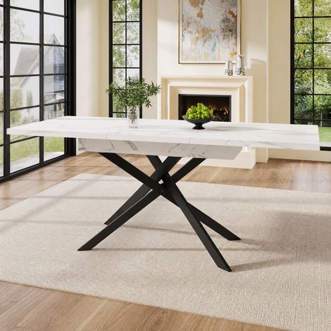 DESMIU Table de salle à manger extensible avec 1 rallonge, pieds croisés en métal, pour cuisine et salon, blanc marbré, 120 × 80 × 76.5 cm (1/5)