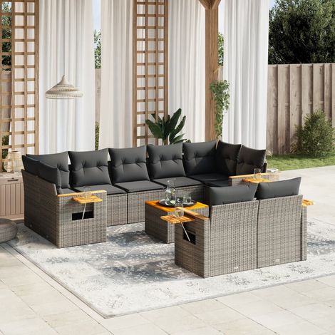 Canapé d'angle et central modulaire 10 places, tissé résine gris, acacia, coussins lavables gris foncé (1/5)