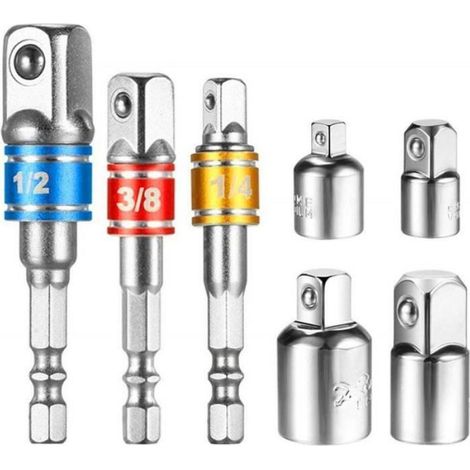 Adaptateur Réducteur - Douille Carrée - 1/4 Pouces 3/8 Pouces 1/2 Pouces - Pour Perceuse Électrique et Clé à Cliquet - Lot de 7 Pièces (1/4)