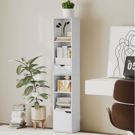 6-stöckiges Bücherregal mit verstellbarem Fach, Schublade und Tür, weiß HAVRYA (1/5)