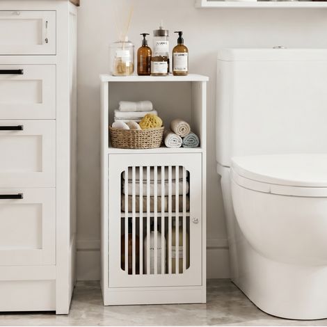Mobiletto basso per bagno, armadio a piedistallo con porta lamellata, 36 x 30 x 86 cm, bianco HAVRYA (1/5)