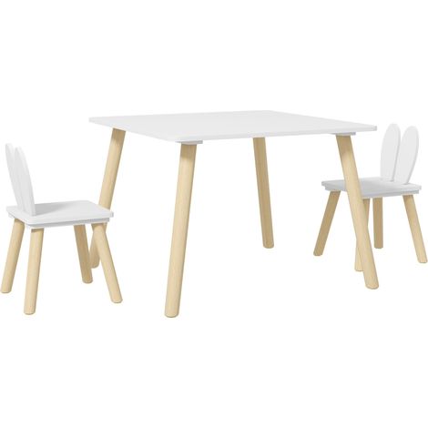 Table enfant avec chaises, dossiers oreilles de lapin, idéale pour la chambre d'enfant ou la salle de jeux, blanche. (1/5)