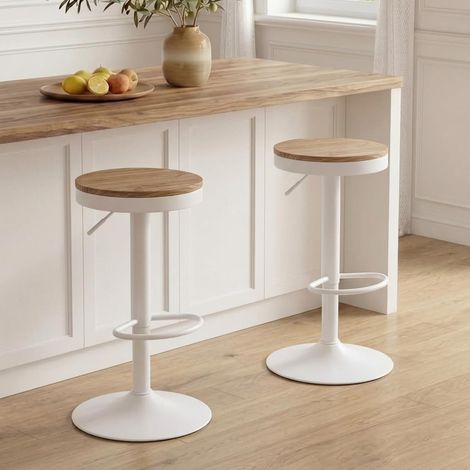 Tabouret Bar Lot de 2 Tabouret de Bar en Bois Chaise de Bar Tabouret Haut Cadre en Métal Réglable en Hauteur Pivotant à 360° avec Repose-Pieds Blanc (1/5)