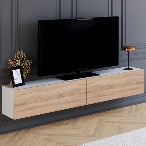 Mueble TV suspendido ELIO 180 cm blanco y madera 2 puertas