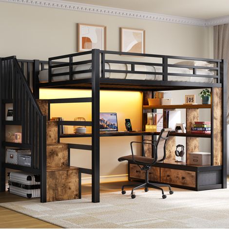 Letto a soppalco moderno in metallo e MDF nero 140x200 cm con scrivania, scaffali, 2 cassetti, scala contenitore e LED