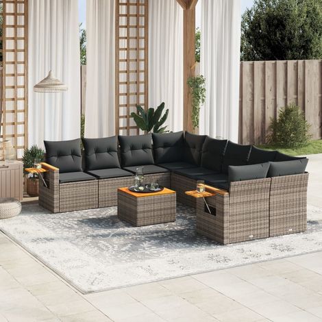 Set de muebles de jardín 9 pzas y cojines ratán sintético gris vidaXL (1/5)