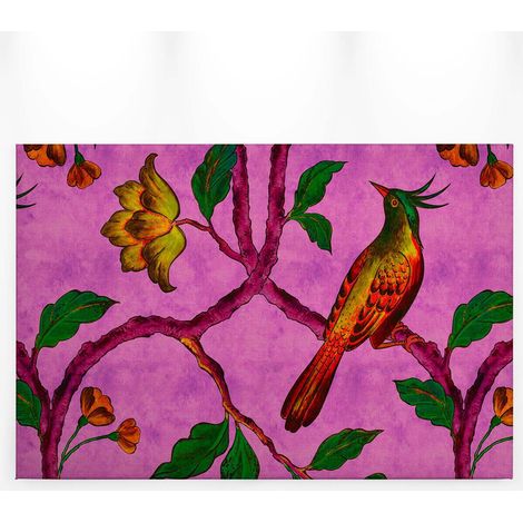 Tableau oiseau & fleurs rose vert & jaune | Tableau été animaux idéal salon | Tableau sur toile rose chambre de fille & cuisine 0,9 x 0,6 m (1/5)