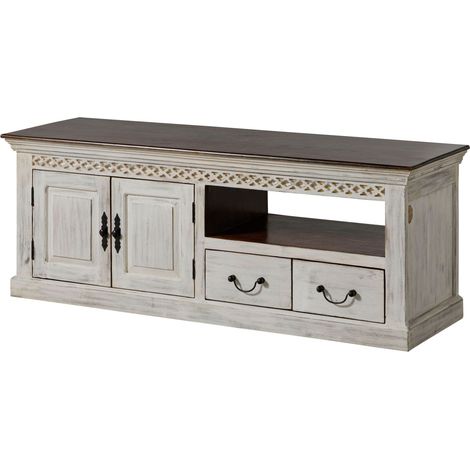 Mobile tv in legno di acacia / mango - bianco cerato 160x50x60 castle-antik 103