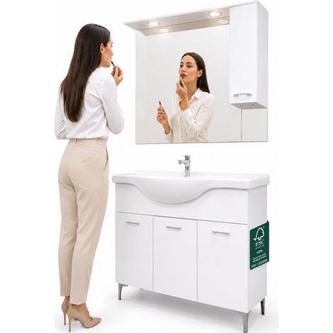 Set Completo Mobile da Bagno da Terra 101cm Tre Ante Bianco Specchio e Accessori (1/5)