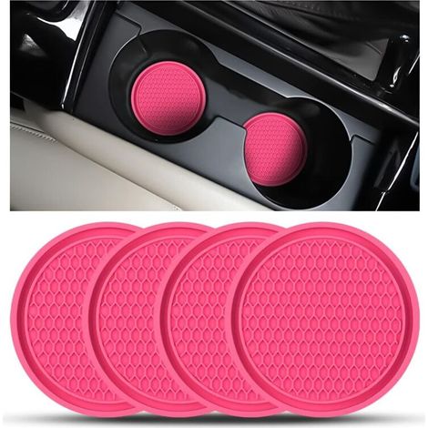 4 Pièces sous Verres Voiture Universel Anti Dérapant Silicone, Porte Gobelet en PVC, PVC Épais Coaster Voiture, Universels Tapis pour Gobelets Automobiles, Caboteur Tasse Voiture(Rose Rouge) (1/5)