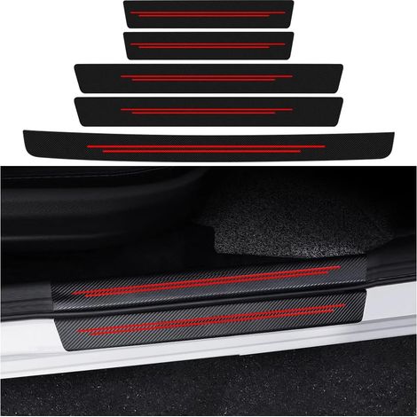 5 Pièces Autocollants De Protection En Fibre De Carbone, Protection Seuil Porte Voiture, Carbone Fibre Film Protecteur Seuil Porte Voiture Accessoires Auto Universel(Rouge) (1/5)