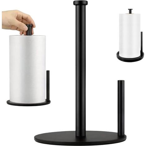 Porte-rouleau de cuisine - Support sur pied pour rouleau de papier essuie-tout - Base lestée antidérapante - Acier inoxydable - Noir - 30 cm x 17 cm x 17 cm - Convient pour la cuisine et la salle de b (1/5)