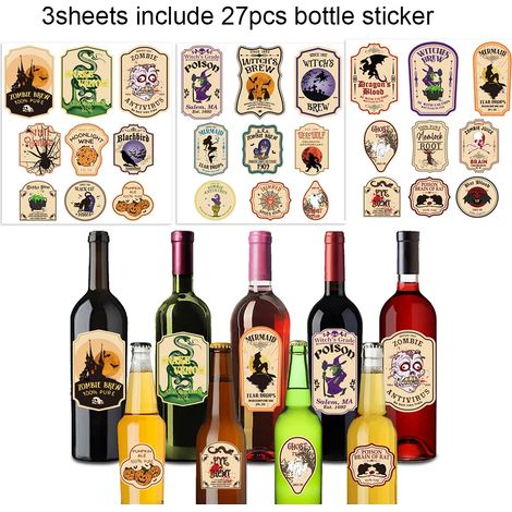 (27 autocollants) Autocollants décoratifs pour bouteilles de vin sur le thème d'Halloween - Collection Art Classique - Étiquettes idéales pour décorer votre intérieur à Halloween ou comme cadeau d'hôt (1/5)