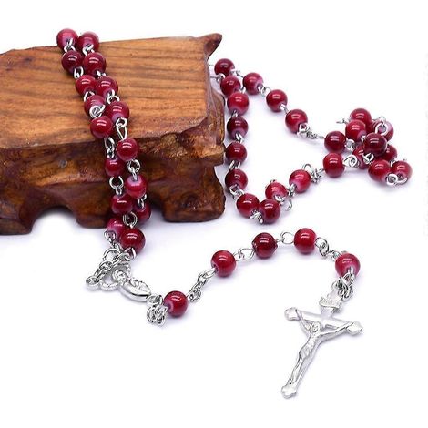 Chapelet en perles de verre de 6 mm avec pendentif croix Jésus, bijou chrétien pour homme et femme (1/4)