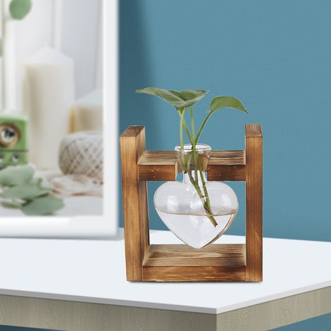 Pot hydroponique créatif pour plantes pothos, vase en verre transparent, décoration de bureau, cadre en bois, vase en verre, cadre vintage + 1 bouteille en forme de cœur (1/5)