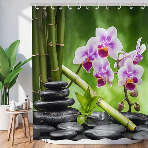 Rideau de Douche Zen Jardin 180x180, Spa Vert Bambou Noir Pierre Fleur Violette Rideau de Bain Japonais Méditation Relaxant Imperméable Polyester Tissu Lavable (1/5)