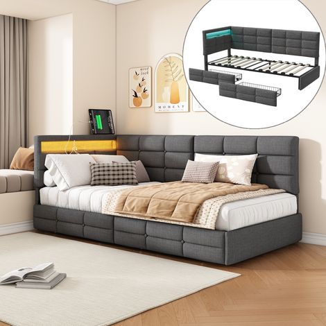 Letto singolo 90x200 cm in lino, 1 posto, divano letto con testata intelligente, illuminazione LED e porta USB, 2 cassetti di stoccaggio - Grigio