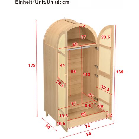 Armoire design à portes arrondies, grand rangement, penderie avec tringle et tiroirs, meuble de luxe pour chambre et entrée, porte-vêtements élégant. (1/5)