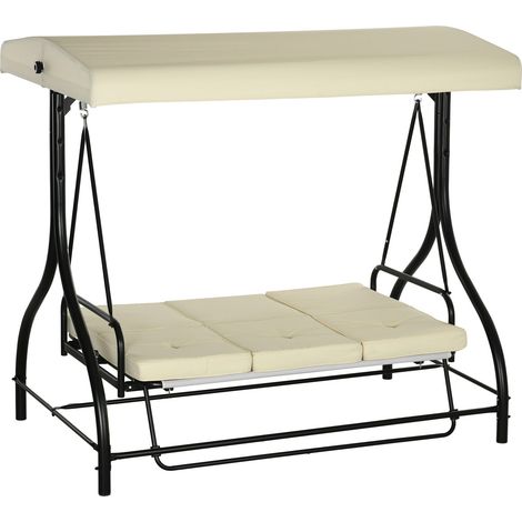 Outsuuny 2 in 1 Hollywoodschaukel mit Liegefunktion 3-Sitzer Gartenschaukel mit verstellbarem Sonnendach, Schaukelbank belast bis 240kg, Gartenliege für Garten, Terrasse, 195x117x175 cm, Beige