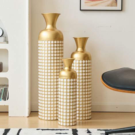 Dekorative 3er-Vase auf Fuß aus Metall in Antikbronze und Weiß, 83 cm, Punktmuster, OKMYHOME (1/5)