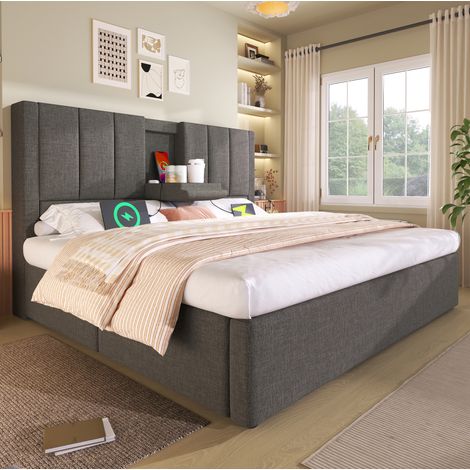 Letto contenitore 140x190 cm grigio con USB e portabicchieri, senza materasso – MEUBLIV (1/5)