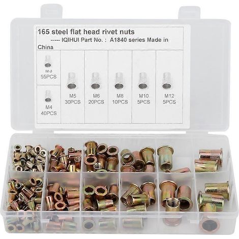 165 écrous à sertir plats en acier au carbone M3/4/5/6/8/10/12, inserts assortis (1/5)