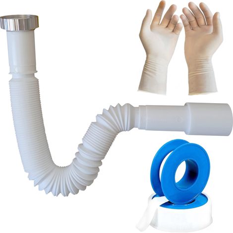 Siphon Lavabo de salle de bain flexible siphon de cuisine - G 1 1/4" x 32/40 mm, extensible de 320-800 mm, anti-odeur + ruban et joint accessoires (tuyau d'échappement 1"-1/4"-32/40 mm) (1/5)
