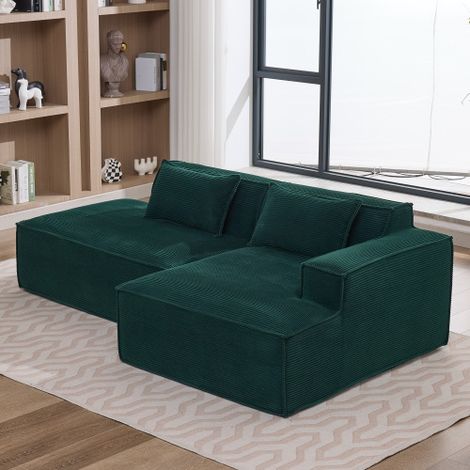 Sofá esquinero de poliéster verde oscuro con asiento de muelles ensacados y 2 cojines, 233x129x70 cm