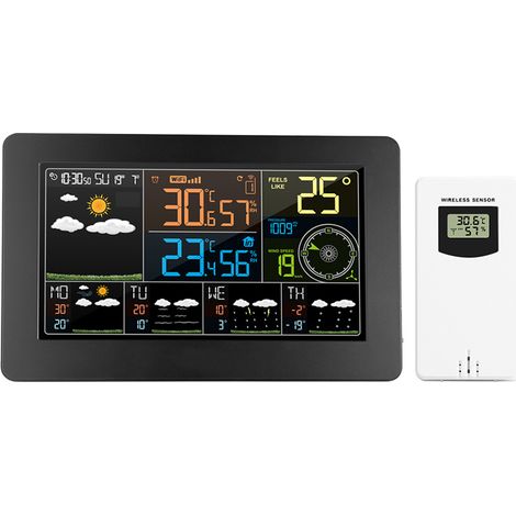 Station météo connectée WiFi couleur multifonctionnelle, Contrôle via application, Capteur extérieur, Température intérieure et extérieure (1/5)