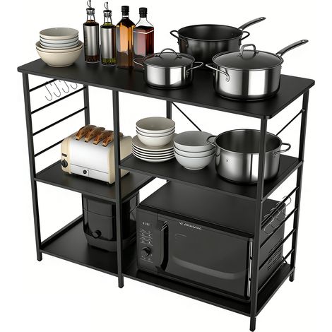 ® Étagère de cuisine à 4 niveaux avec 8 crochets, design industriel, étagère de comptoir autoportante en tubes métalliques, 39 x 90 x 83 cm, Noir (1/5)