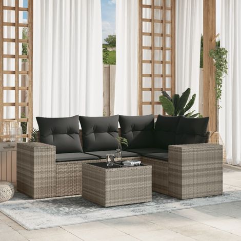 Salon de Jardin 5 Pièces  Ensemble Modulable en Résine Tressée Gris Clair avec Table en Verre Trempé, Coussins et Rangement (1/3)