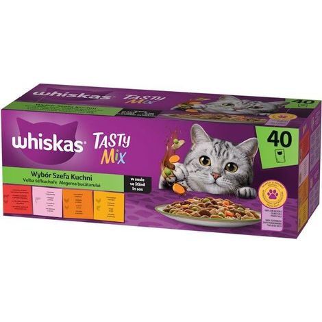 cibo umido per gatti whiskas "tasty mix" tutte le età con manzo, pollo, salmone e verdure 40x85 gr