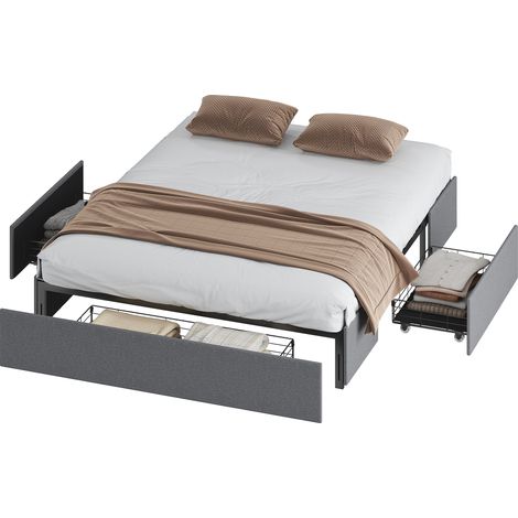 Doppelbettgestell mit Lattenrost und 3 Schubladen, aus Holz, Polyester und Metall, 165 x 193 x 30 cm, Grau