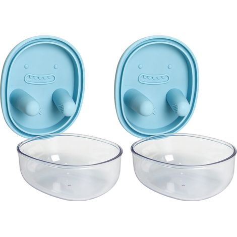 Lot de 2 boîtes à goûter avec couvercle en silicone à doigt, lavables au lave-vaisselle et réutilisables, idéales pour les chips, les fruits et la charcuterie (bleu). (1/5)