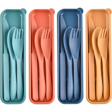 Ensemble pour 4 personnes – Couverts réutilisables en paille de blé – Portables avec pochette – Lavables au lave-vaisselle – Camping et voyage (1/4)